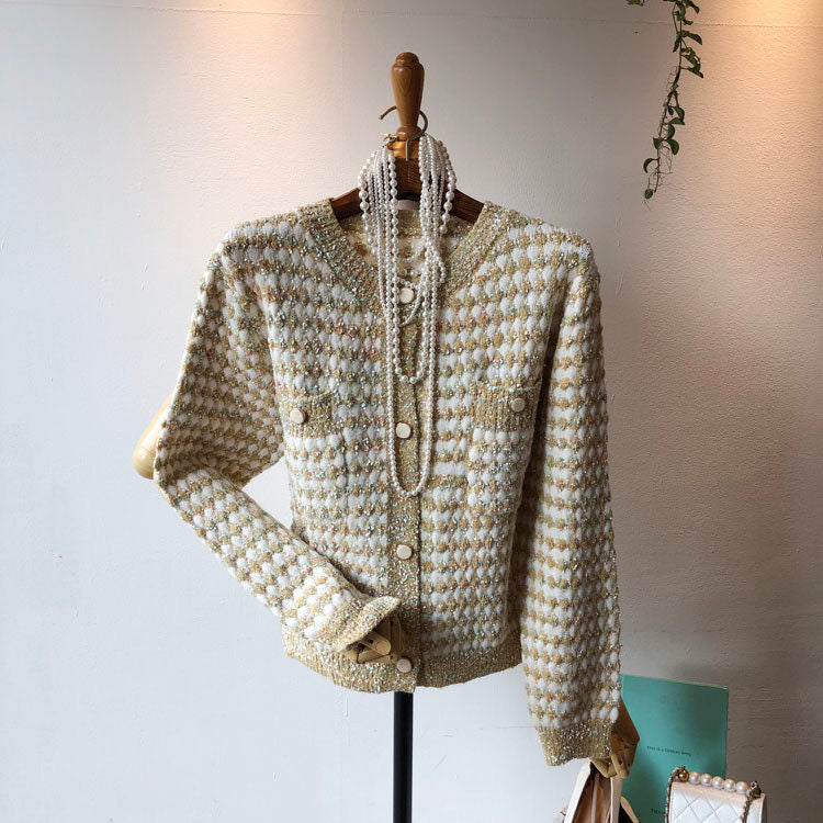 Embellished Multicolor Gold Button Crew Neck Cardigan