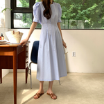 Korean Style Puff Sleeve Pleated Midi Dress