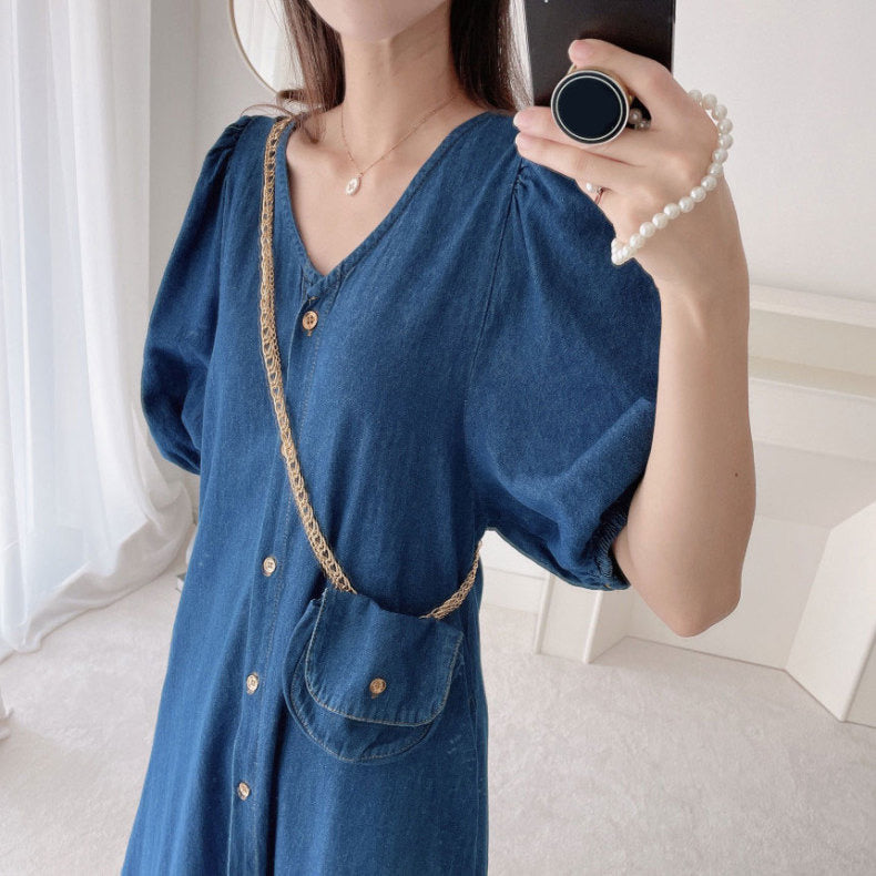 Relaxed V-Neck Button Down Denim Color Cotton Dress