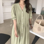 V-Neck Pleated Relaxed Dress