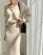 Cable Knit V-Neck Cardigan with Pencil Skirt Set