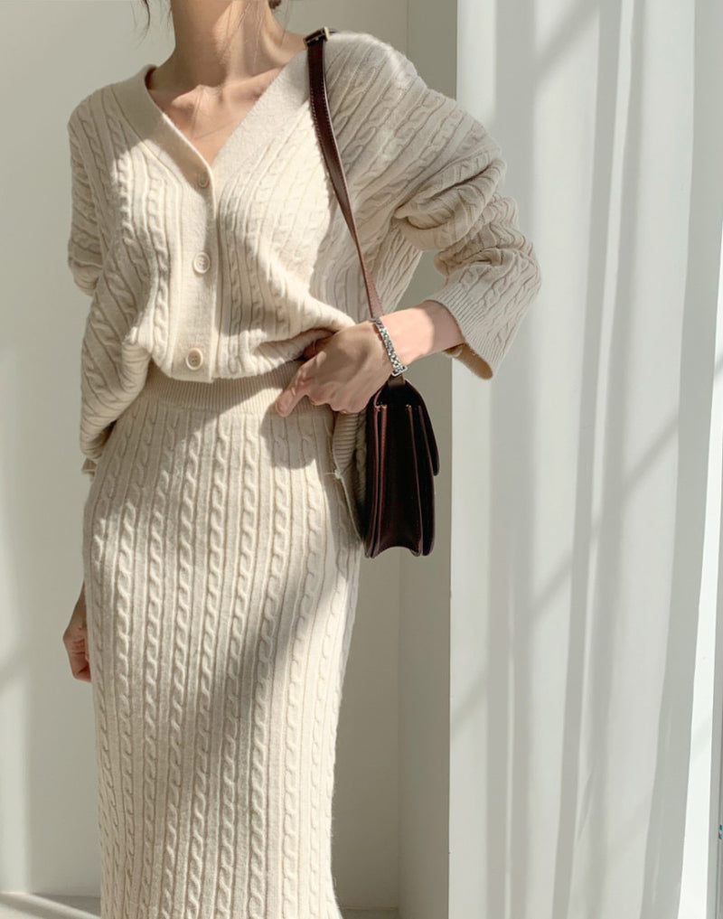 Cable Knit V-Neck Cardigan with Pencil Skirt Set – MyDearCloset