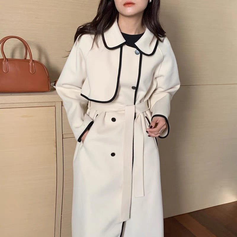 French Style Contrast Trim Double Face Wool Blend Belted Coat