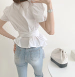 Puffed Short Sleeve Belted Shirt