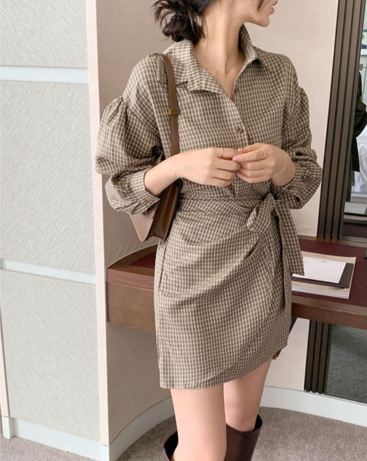 Mini Shirt Dress in Khaki Plaid