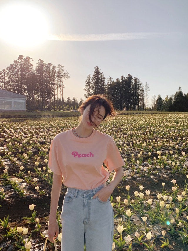 Peach Embroidered Cotton T-Shirt