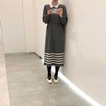 Korean Style White Collar Polo Knitted Dress with Stripes