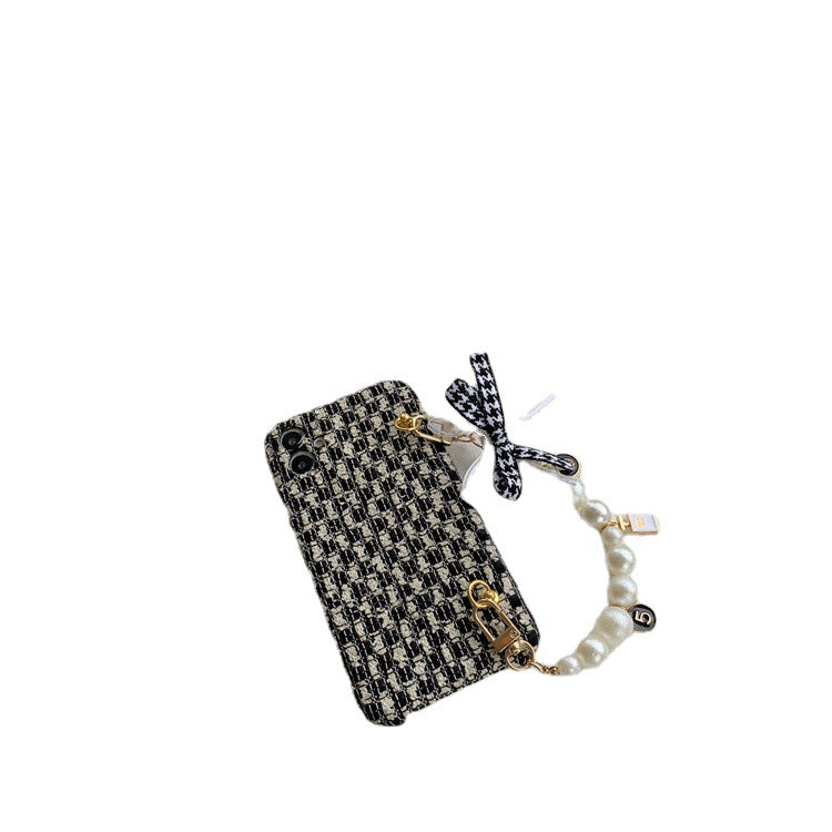 Black  White Tweed Phone Case with Faux Pearl Hand Strap  MyDearCloset