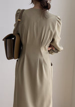 French Elegance Long Sleeve Round Neck Button Down Fitted Midi Dress