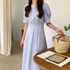 Korean Style Puff Sleeve Pleated Midi Dress