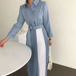 Two Tone Color Block Pleated Long Sleeve Shirt Dress