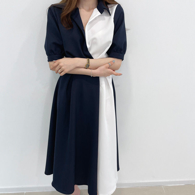 Korean Style Color Block Shirt Dress