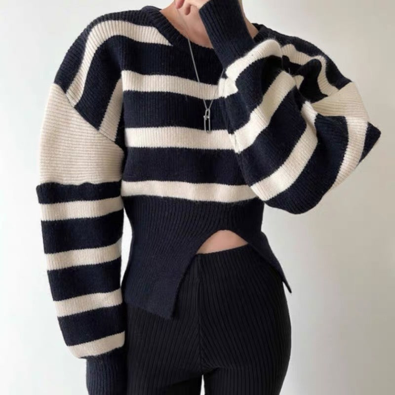 Round Neck Drop Shoulder Stripe Sweater with Gathered Waist and Slit