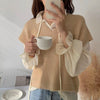 Chiffon Long Sleeve Ruffle Tie Neck Blouse with Knit Vest