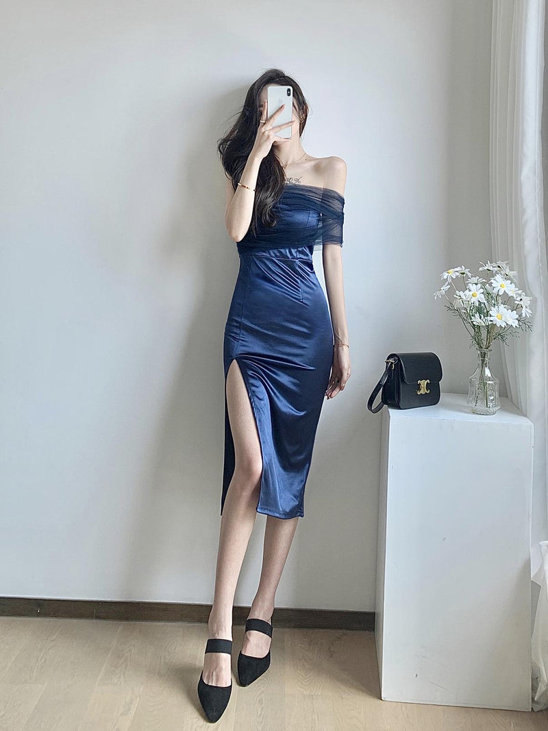 Off Shoulder Mesh Satin Party Dress