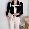 Knit Top with Double Layered Pointed Collar and Tie