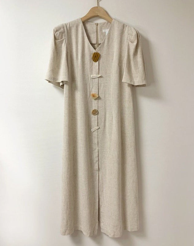 Designer Minimalist V-Neck Maxi Dress with Geometric Buttons