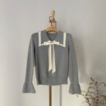 Knit Top with Double Layered Pointed Collar and Tie