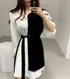 Color Block Metal Ring Belted Shirt Dress