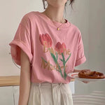 Pink Tulip Print Cotton T-Shirt