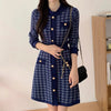 Classic Dark Blue Houndstooth Buttoned Knit Dress