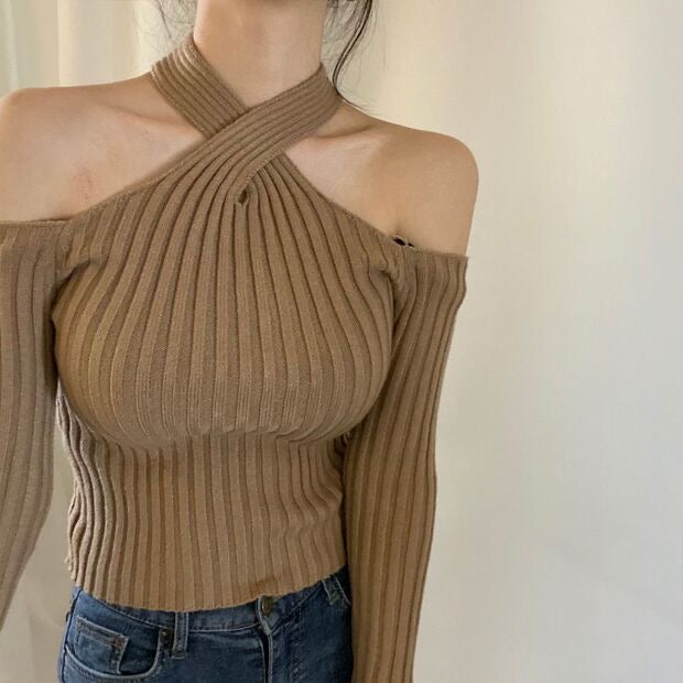 Cold Shoulder Ribbed Knit Top with Halter Neck