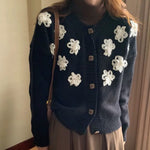 Retro Style Black Cardigan with 3D White Flowers