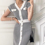 Knitted V-Neck Dress in Houndstooth Pattern with Contrasting Trim