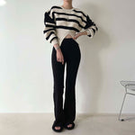 Round Neck Drop Shoulder Stripe Sweater with Gathered Waist and Slit