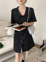 Short Sleeve Plaid Tweed Shift Dress with Oversized Collar