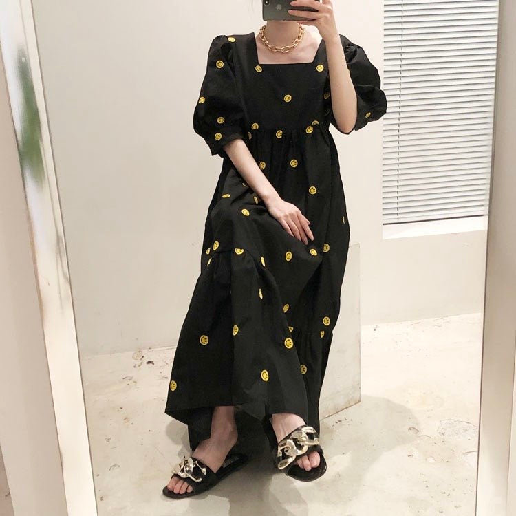 Relaxed Midi Dress with Embroidered Smiley Face