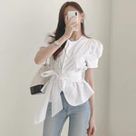 Puffed Short Sleeve Belted Shirt