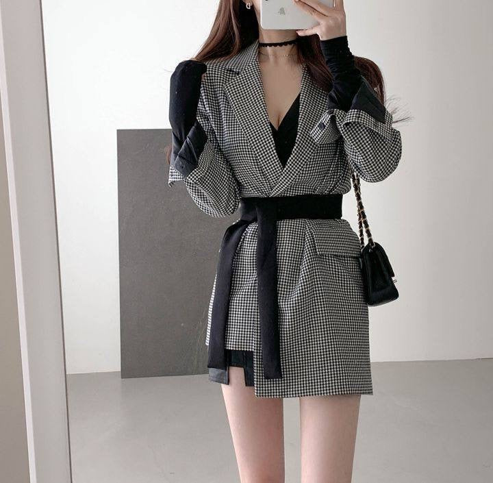 Designer Asymmetrical High-Low Blazer in Plaids with Belt