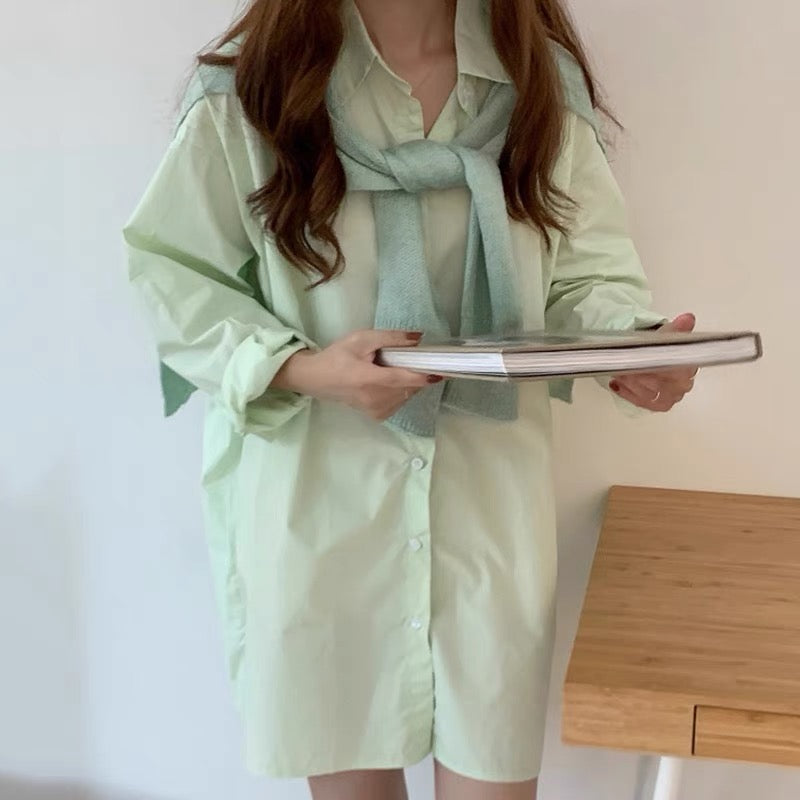 Macaron Color Boyfriend Style Button-Up Shirt with Matching Cape