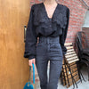 Lace Overlay Black Blouse with Oversized Collar