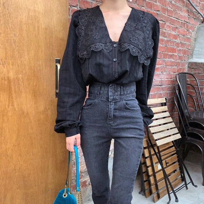 Lace Overlay Black Blouse with Oversized Collar