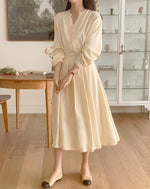 V-Neck Front Button Back Tie Pleated Chiffon Dress