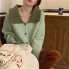 Two Tone Color Contrast Cardigan with Oversized Collar