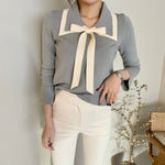 Knit Top with Double Layered Pointed Collar and Tie