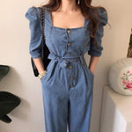 Square Neck Belted Denim Jumpsuit