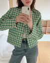 V-Neck Collarless Houndstooth Jacket with Pearly Buttons