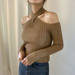 Cold Shoulder Ribbed Knit Top with Halter Neck