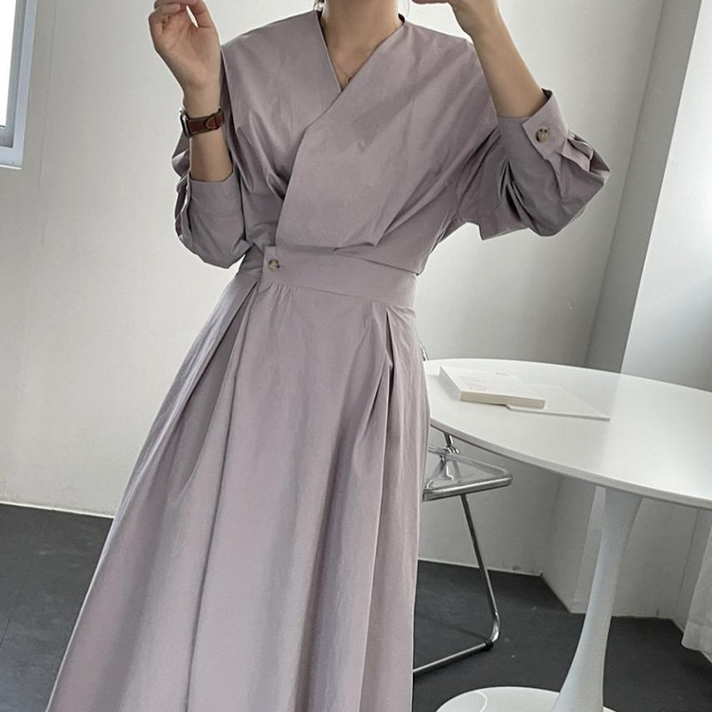 Minimalist Faux Wrap V-Neck Cotton Midi Dress