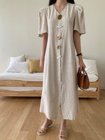 Designer Minimalist V-Neck Maxi Dress with Geometric Buttons