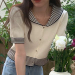 Short Sleeve Ivory Sweater Tee with Striped Trims and Sailor Collar