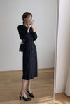 French Elegance Long Sleeve Round Neck Button Down Fitted Midi Dress