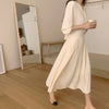 V-Neck Front Button Back Tie Pleated Chiffon Dress