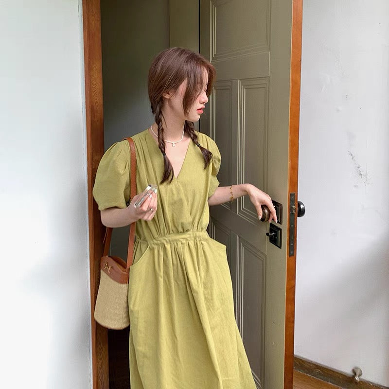 Matcha Green / Beige V-Neck Belted Dress with Pockets