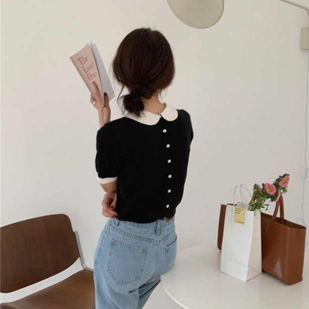 Black and White Knitted Top with Peter Pan Collar