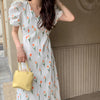 Tulip Print Short Sleeve Double V-Neck Midi Dress